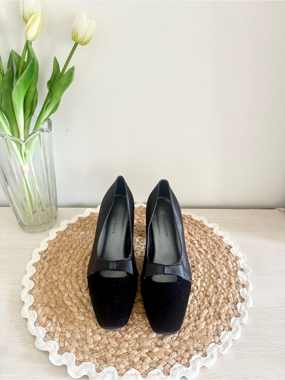 Karen Scott Black Satin Bow Pumps Size 8W Block Heel Shoes